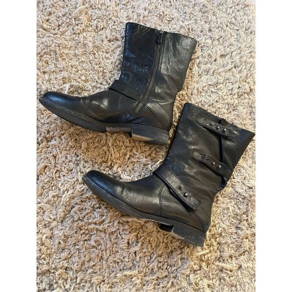 Eileen fisher black leather moto mid calf boots size 6.5 - Picture 1 of 6